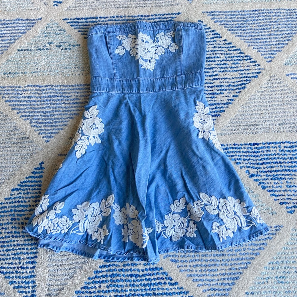 Denim Strapless Dress with White Floral Embroidery